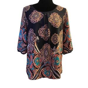 Fab'rik‎ Black Asian Inspired Printed Top with Elbow Length Sleeves Size M